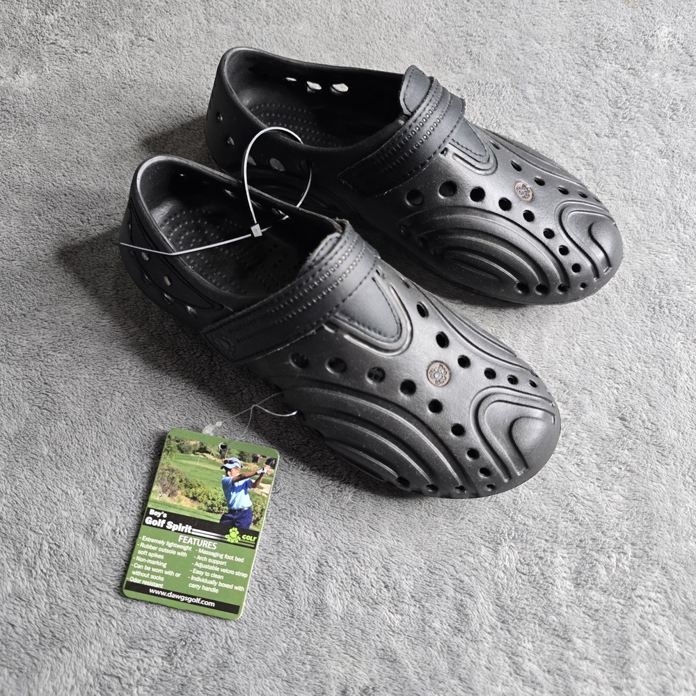 NWT DAWGS Golf Spirit Shoes Boys Size 2 Black Strap Safety Plastic Spikes